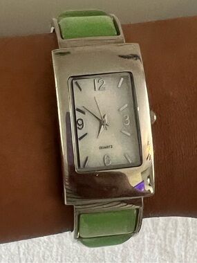 Vintage Y2K Silver Tone Green Cuff Bracelet Quartz Watch